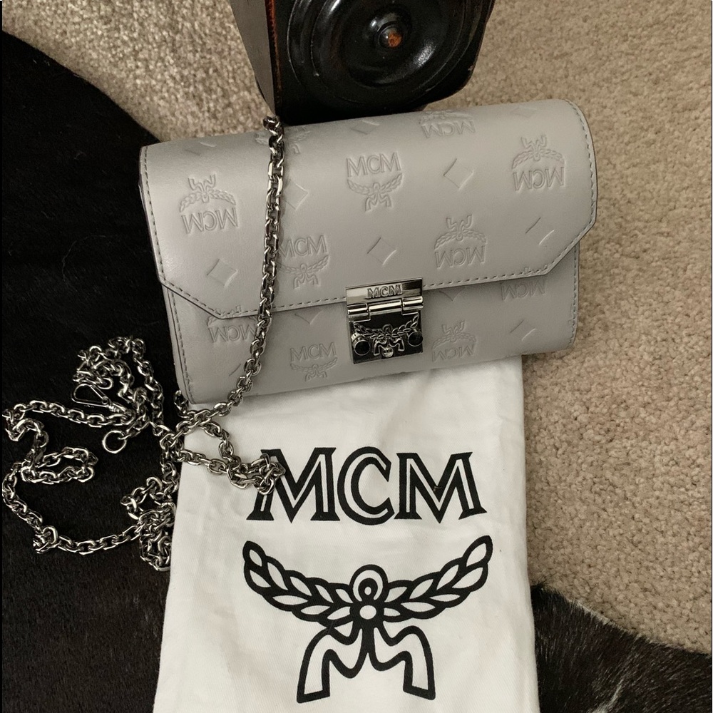 Authentic MCM leather crossbody with silver chain